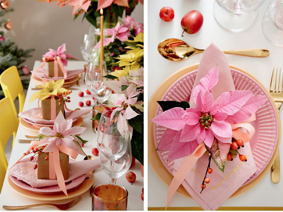 Poinsettias, bayas y flores secas para decorar la mesa